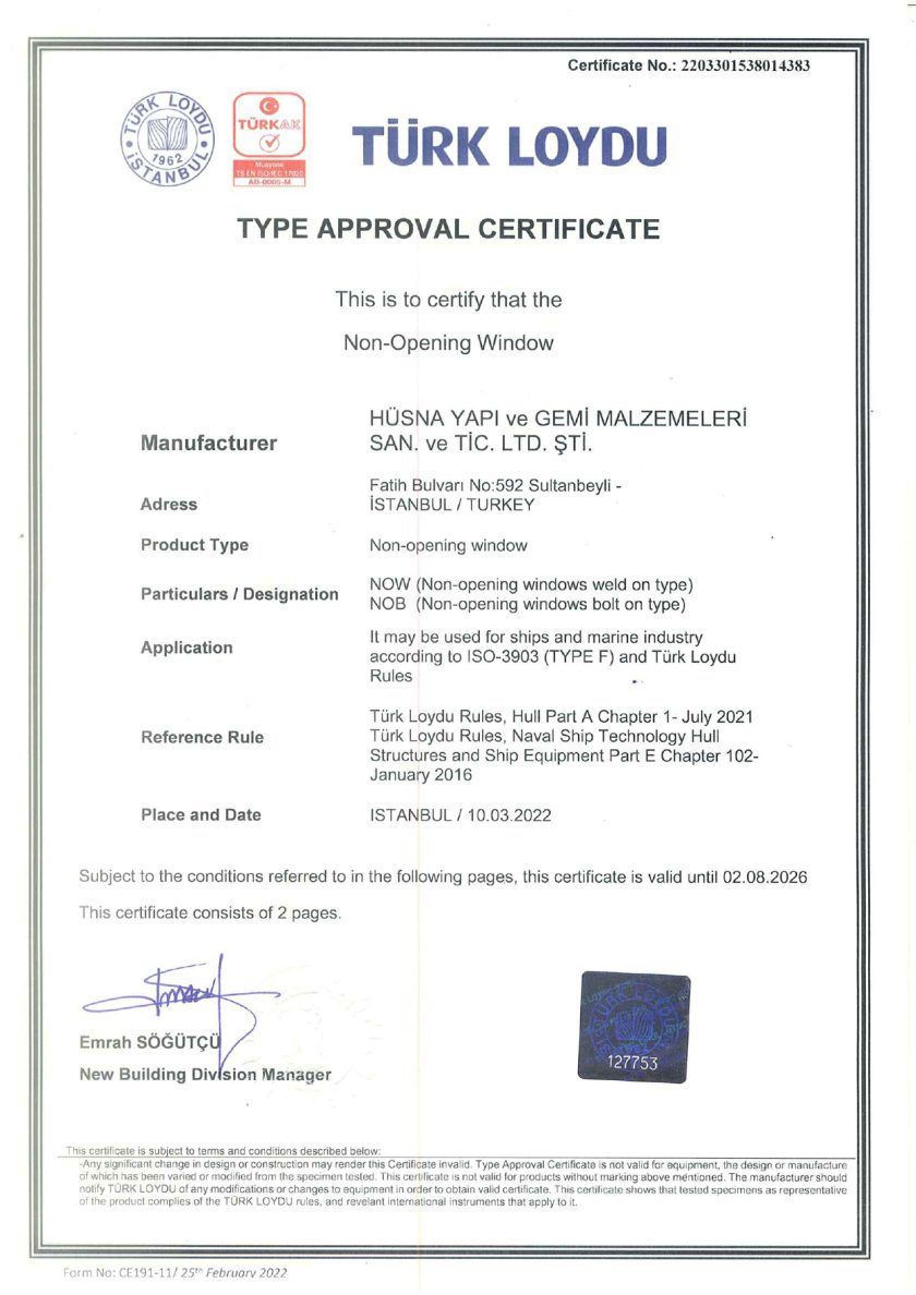 Certificates - İde Marine | Side Scuttles And Ship Windows